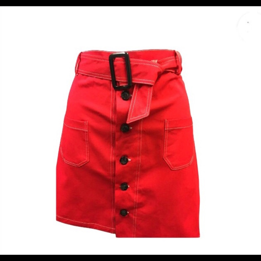Red Stretchy Asymmetrical Button Front w Belt Mini Skirt